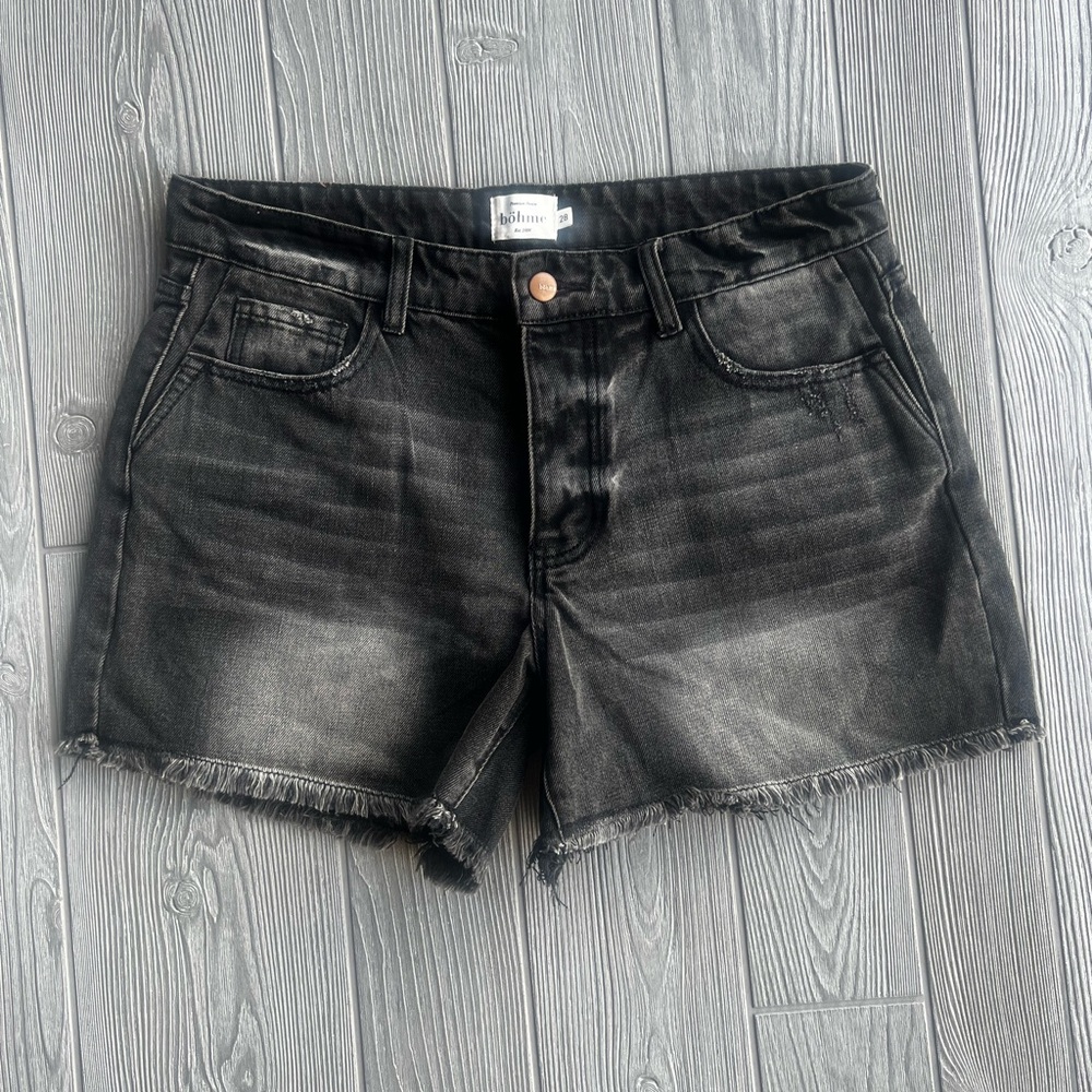 Bohme Distressed Raw Hem Black Denim Shorts Concealed Button Fly Size 28
